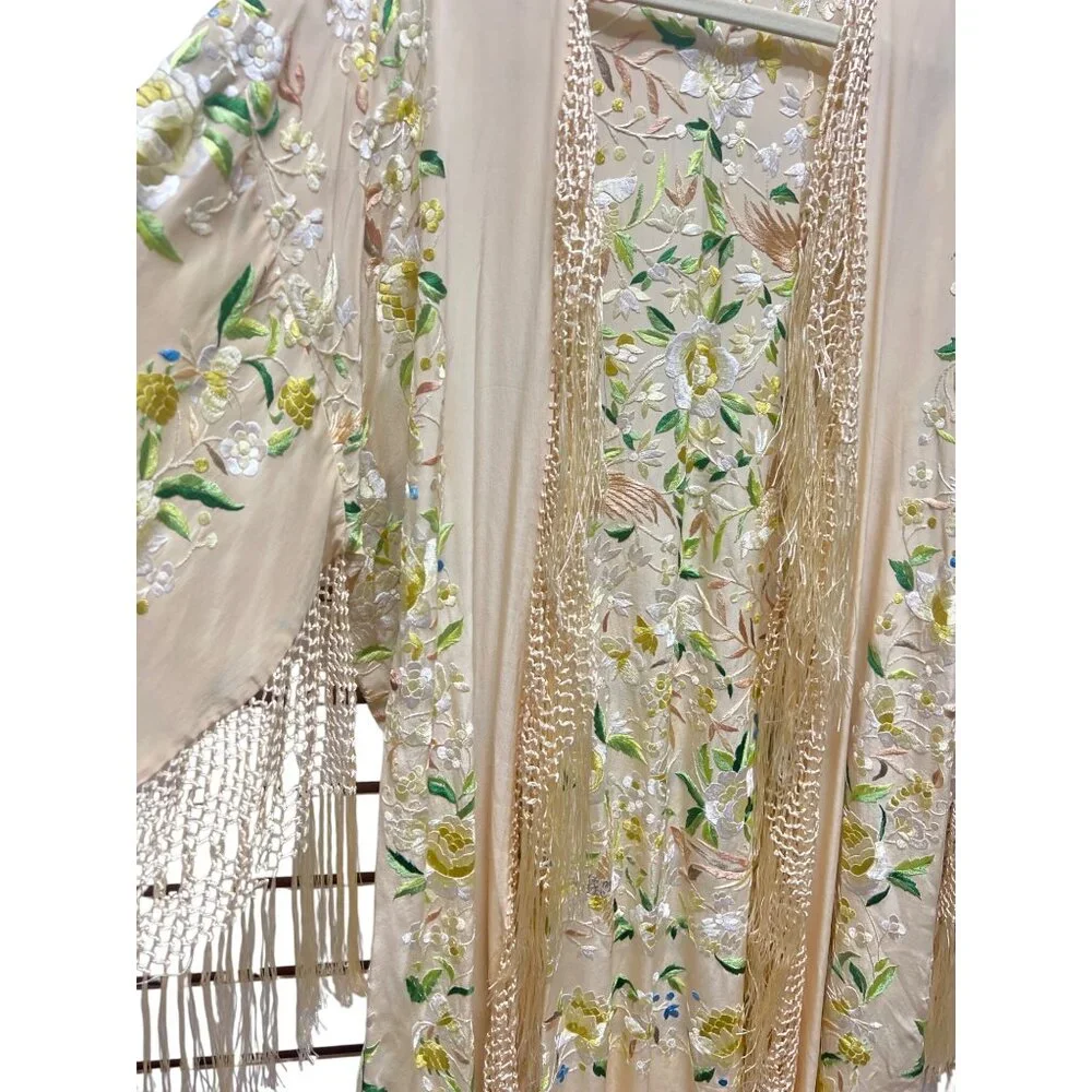 Maya Matazaro Boutique Pale Yellow Silk Floral Opera Coat Kimono